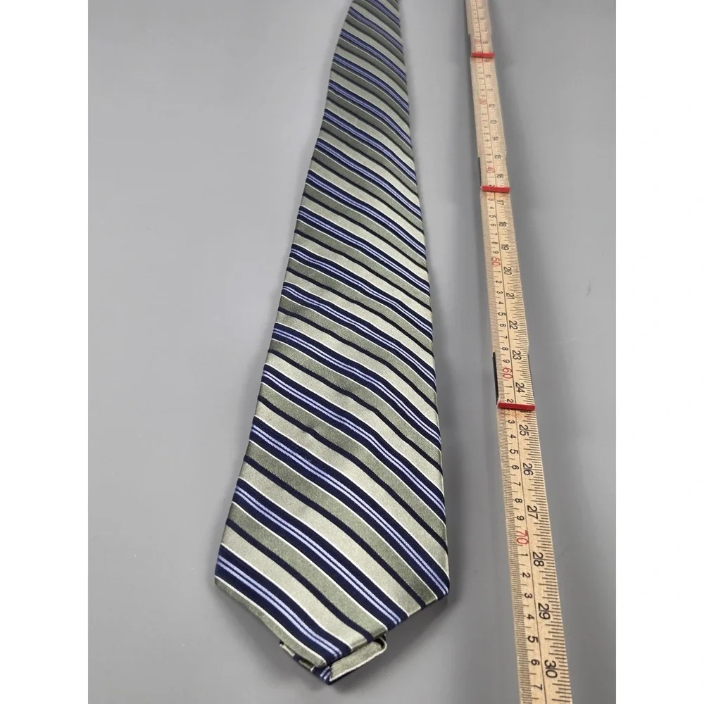 FUMAGALLI 100% Silk‎ Necktie Stripe Navy Olive Green Blue Gold